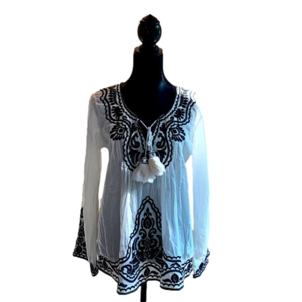 SOPHIE Max Embroidered Beaded Tie Tassle Boho Top